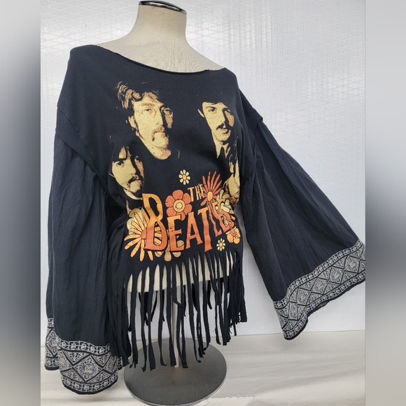 Beatles Band Fringe Top With Hippie Bell Sleeves Upcycled - Picture 5 of 9